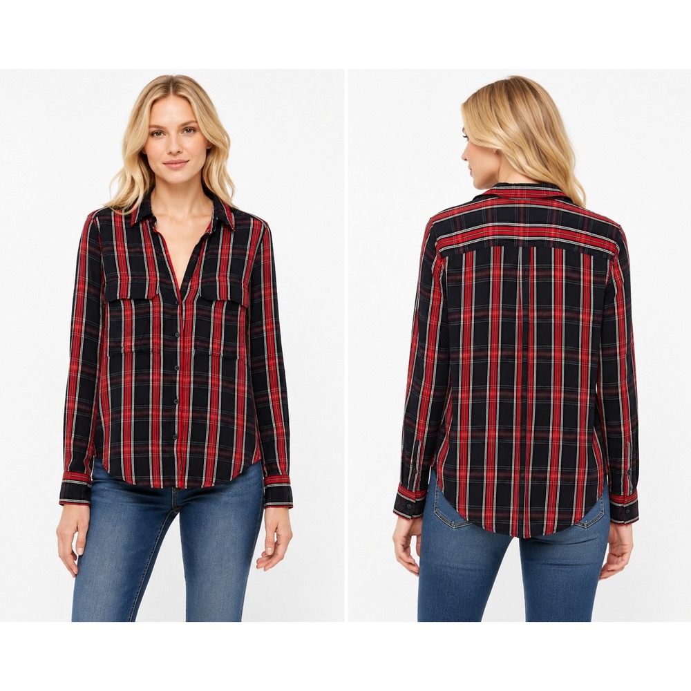 Zara Plaid Button Up Shirt Small Red Navy Blue Flap Pockets Punk Utility Grunge